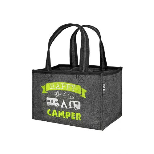 Flaschentasche, "Happy Camper", Spruch, Filz, schwarz