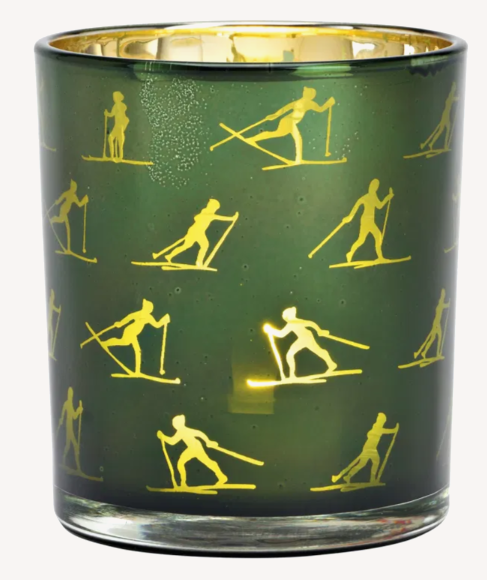 Windlicht Skimotiv Langläufer aus Glas – grün