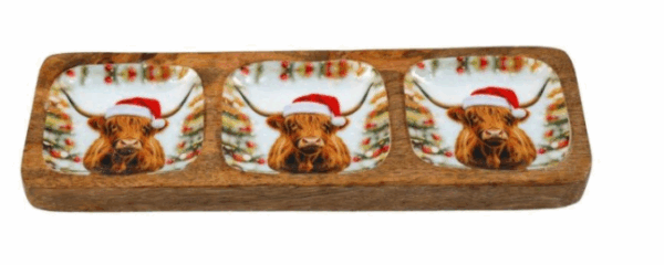 Emailletablett mit Hochlandrindmotiv – 30 × 10 cm – 3-fach Motiv mit Weihnachtsmütze