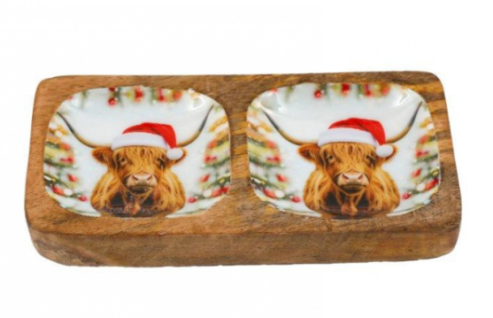 Emailletablett mit Hochlandrindmotiv – 20x10 cm –2-fach Motiv mit Weihnachtsmütze