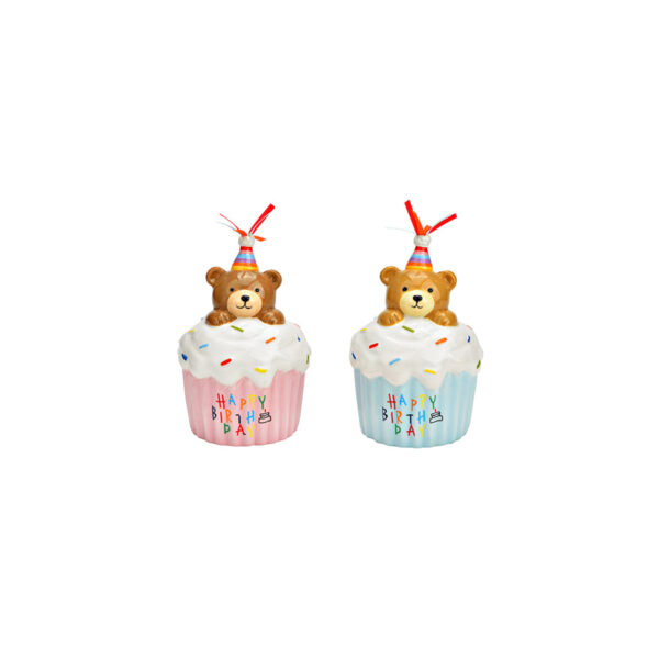 Spardose Cupcake mit Bär, Happy Birthday aus Keramik blau oder pink/rosa
