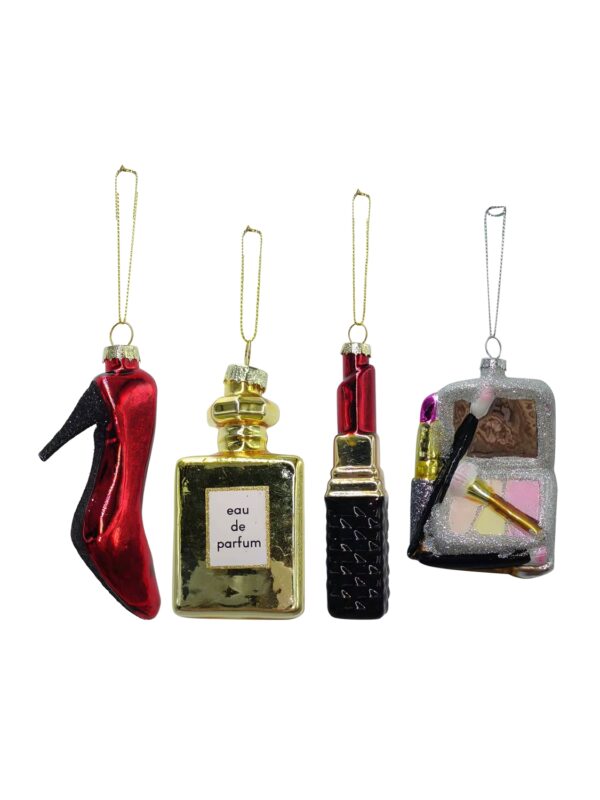 Christbaumhänger "High Heel, Parfüm, Puder, Lippenstift" 4er Set