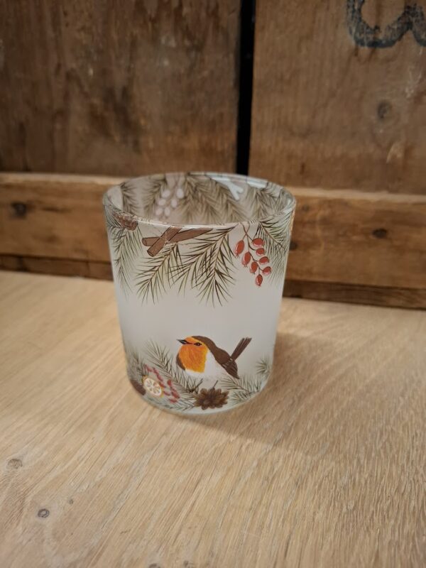 Teelichtglas mit Rotkehlchen-Motiv