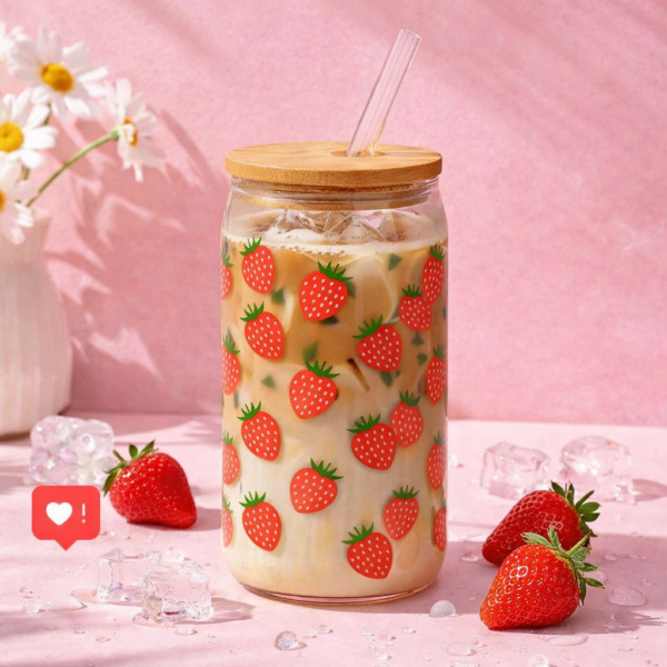 Trinkglas Erdbeeren Dekor mit Bambusdeckel & Glasstrohhalm – 590 ml
