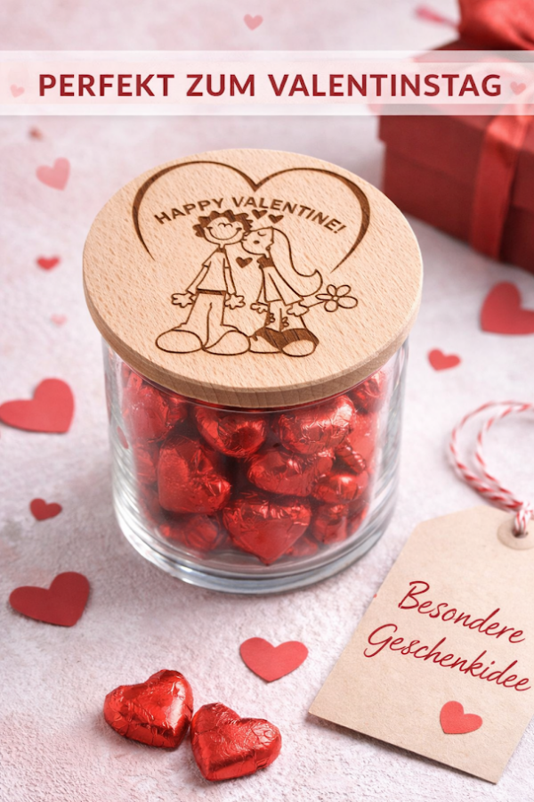 Valenstinstag-Geschenk mit gelasertem Motiv - Glasdose mit Holzdeckel