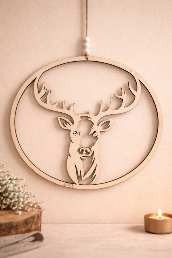 Wandbild Hirsch im Ring – Edle Holz-Deko, Handgefertigt (Ø 43 cm)